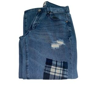 Umgee jeans boyfriend style distressed patches accents button/zip Sz 28 NWT